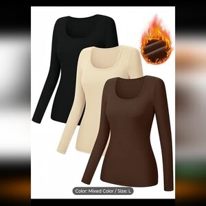 3-Pack Women's Warm Long Sleeve Shirts, Scoop Neck Stretchy